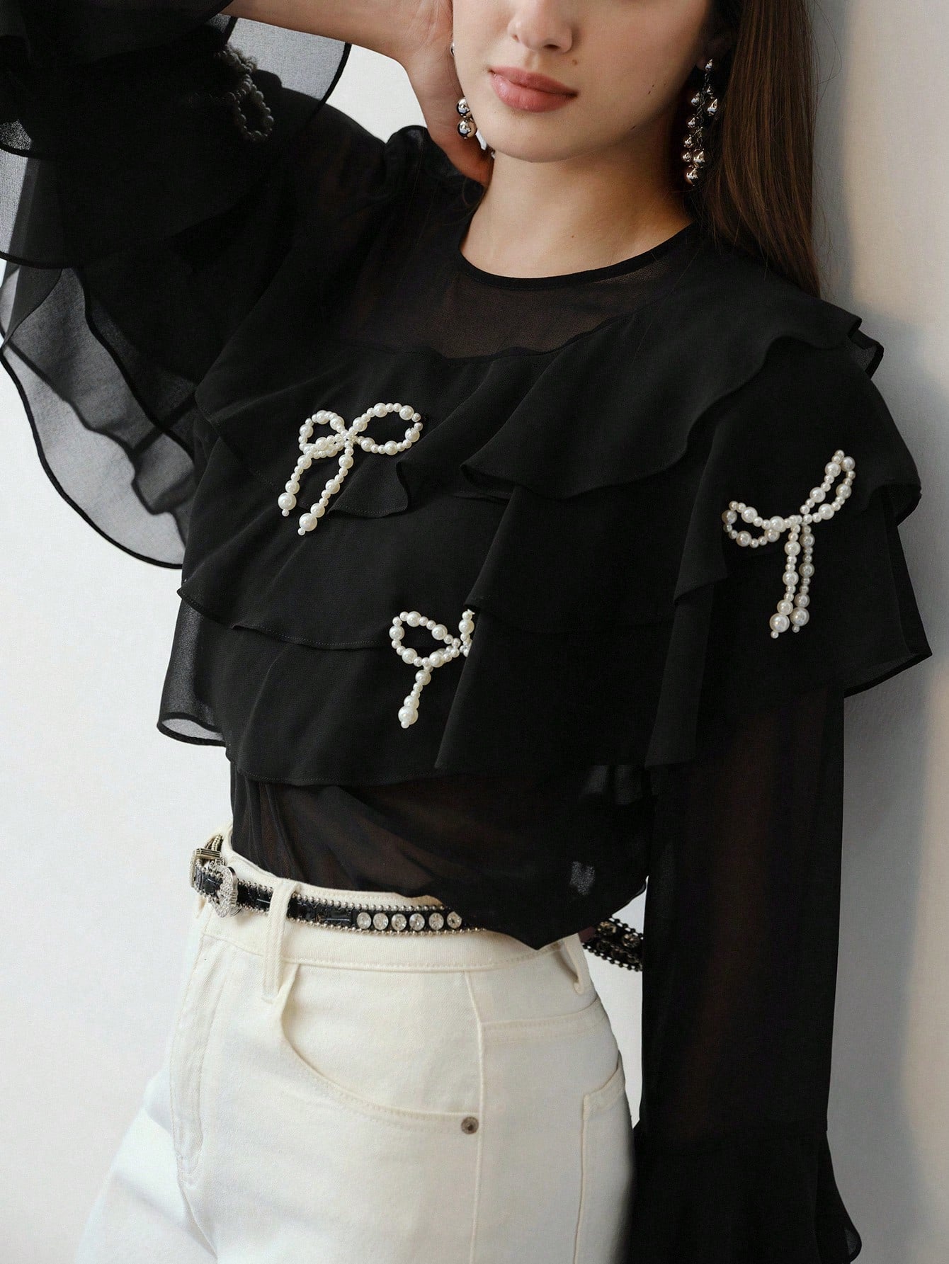 CM-TS404049 Women Elegant Seoul Style Faux Pearl Bow Decor Long Sleeve Ruffle Trim Blouse - Black
