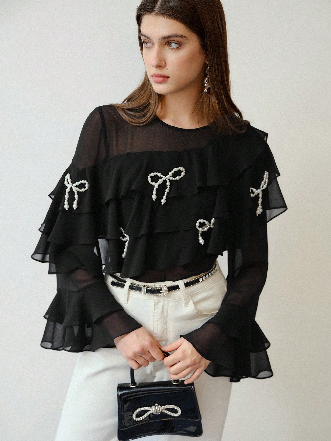 CM-TS404049 Women Elegant Seoul Style Faux Pearl Bow Decor Long Sleeve Ruffle Trim Blouse - Black