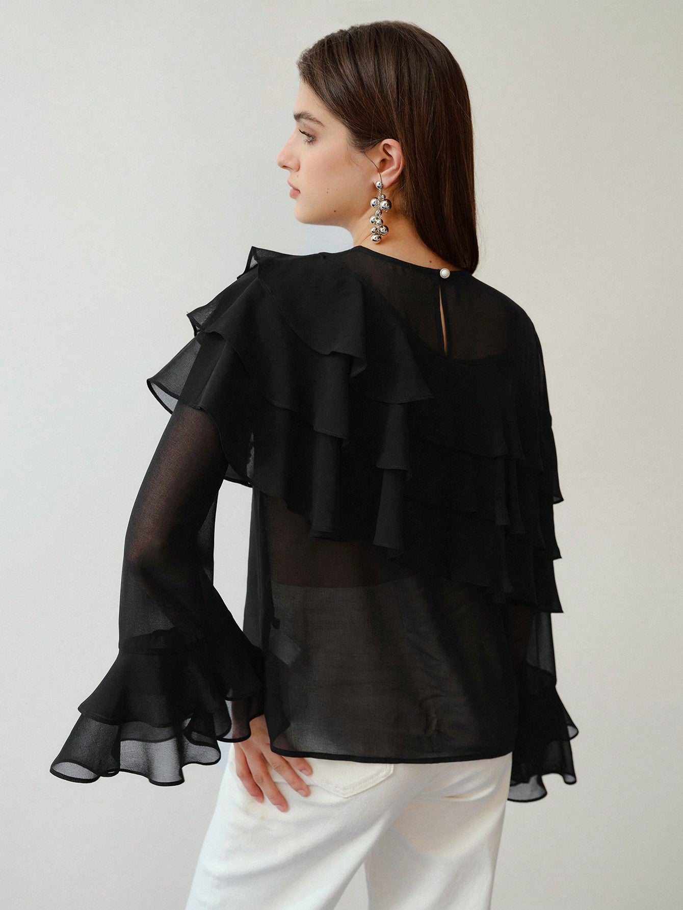 CM-TS404049 Women Elegant Seoul Style Faux Pearl Bow Decor Long Sleeve Ruffle Trim Blouse - Black
