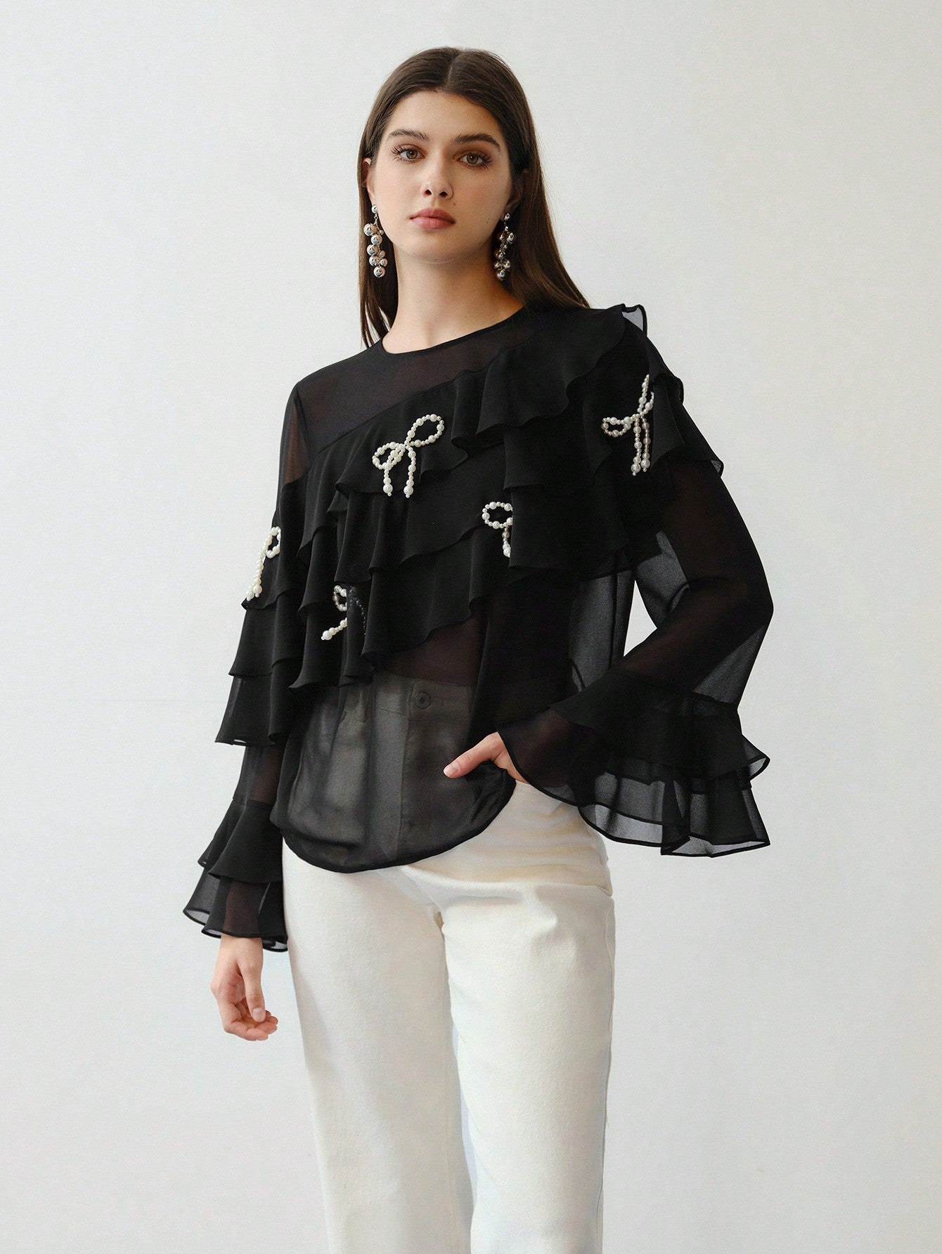 CM-TS404049 Women Elegant Seoul Style Faux Pearl Bow Decor Long Sleeve Ruffle Trim Blouse - Black