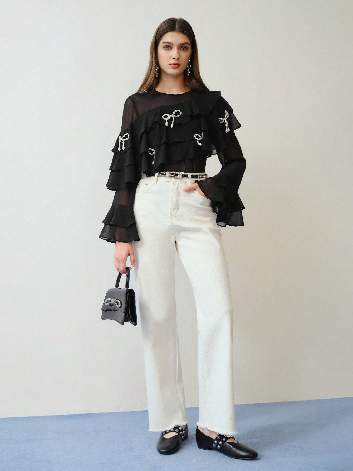 CM-TS404049 Women Elegant Seoul Style Faux Pearl Bow Decor Long Sleeve Ruffle Trim Blouse - Black