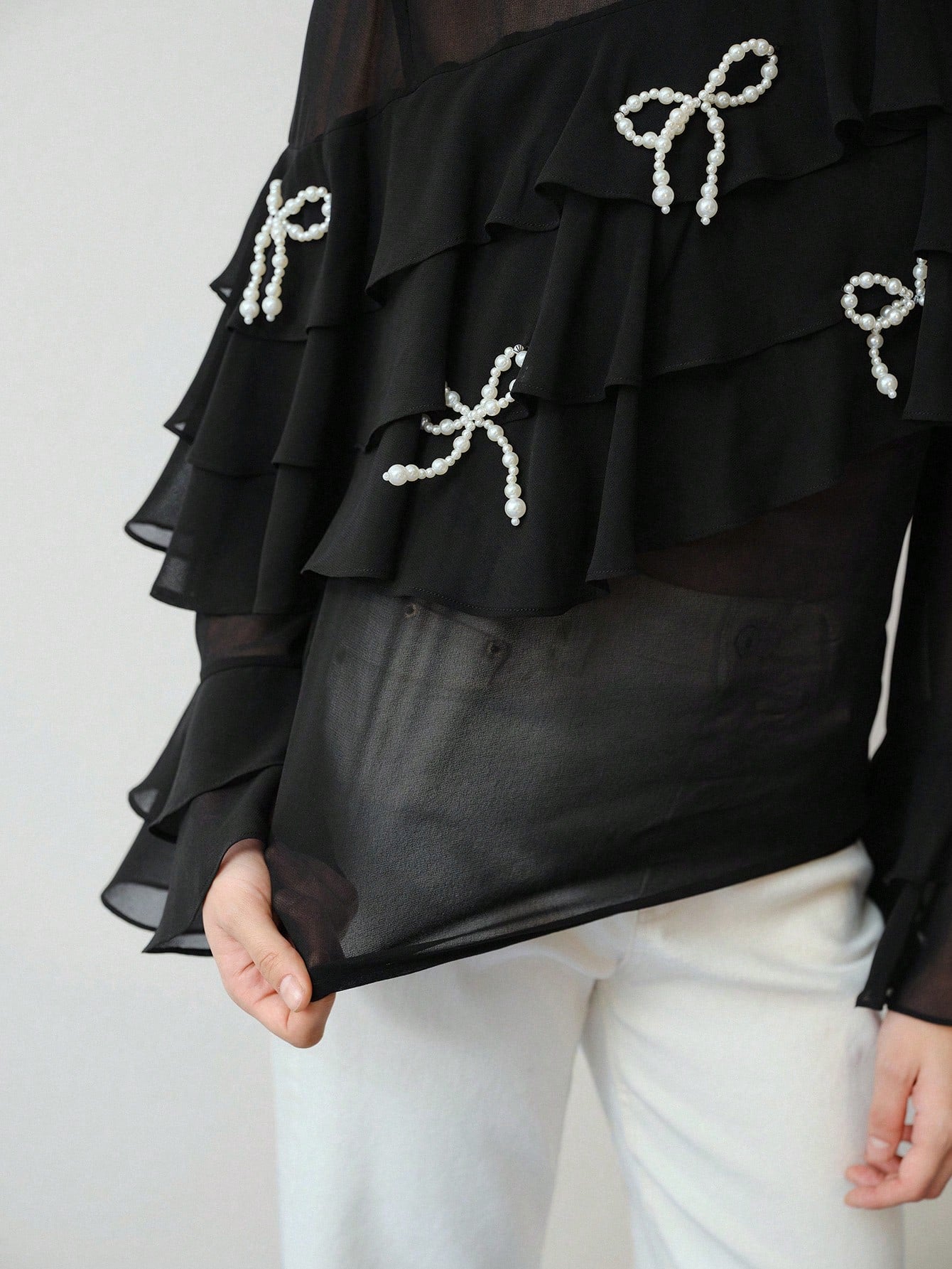 CM-TS404049 Women Elegant Seoul Style Faux Pearl Bow Decor Long Sleeve Ruffle Trim Blouse - Black