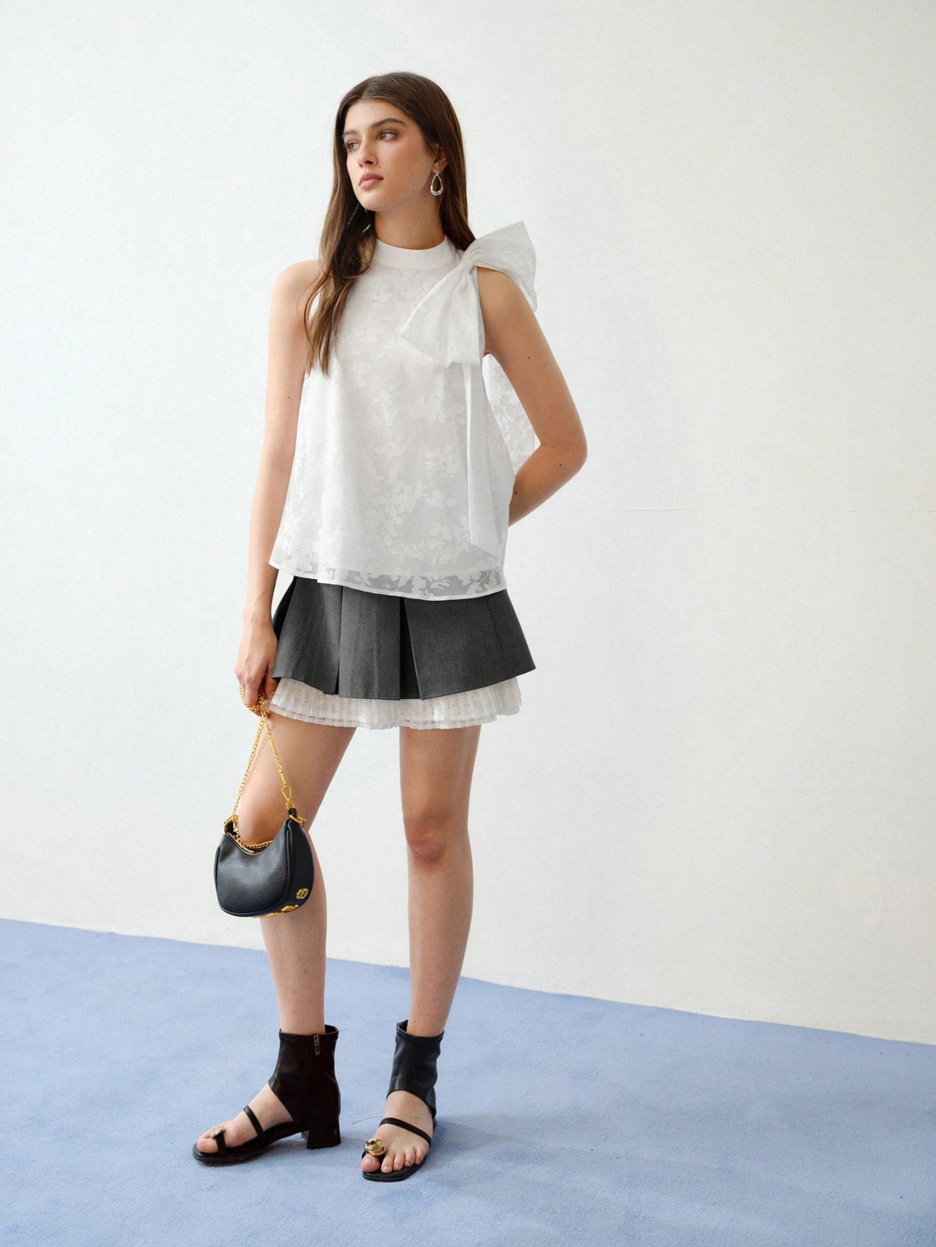CM-TS113722 Women Elegant Seoul Style Stand Collar Bow Decor Sleeveless Blouse - White