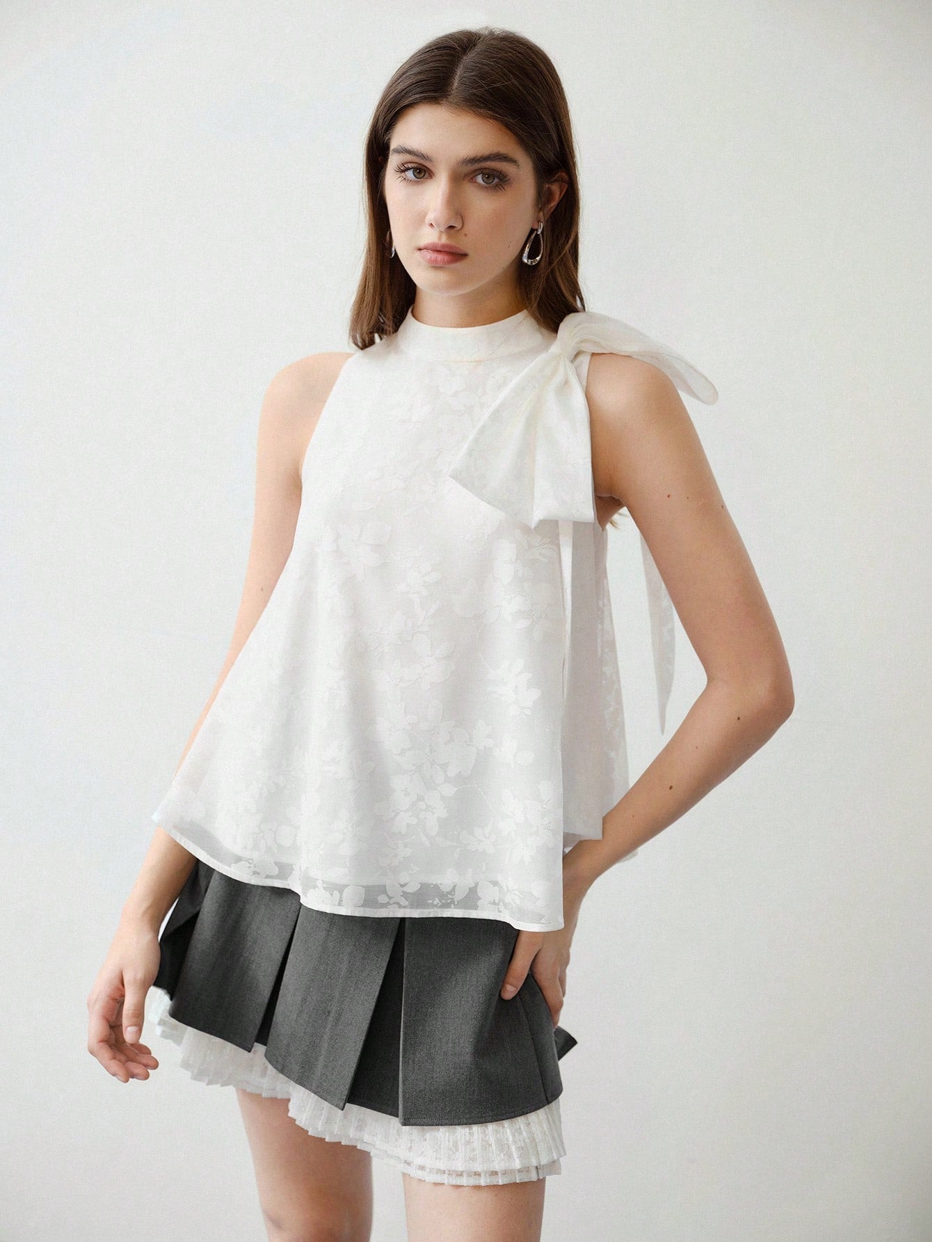 CM-TS113722 Women Elegant Seoul Style Stand Collar Bow Decor Sleeveless Blouse - White
