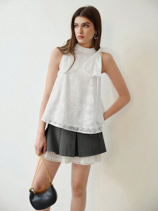 CM-TS113722 Women Elegant Seoul Style Stand Collar Bow Decor Sleeveless Blouse - White
