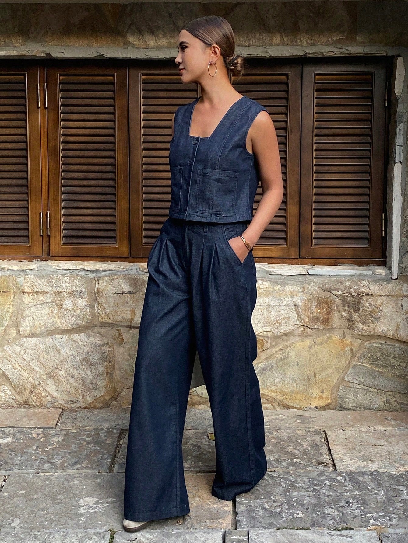 CM-SS655757 Women Casual Seoul Style Dark Wash Square Neck Sleeveless Vest With Long Denim Pants - Set