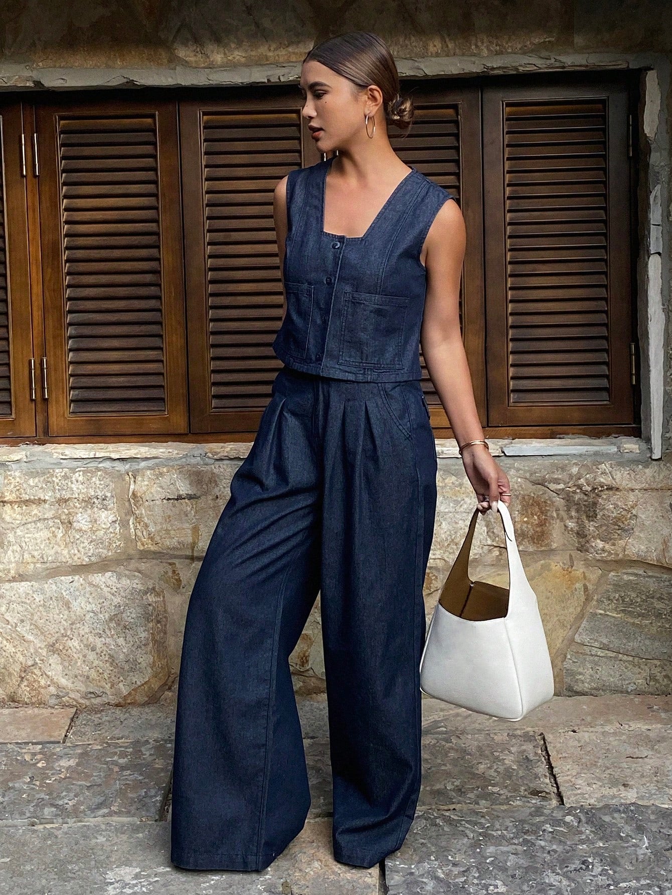 CM-SS655757 Women Casual Seoul Style Dark Wash Square Neck Sleeveless Vest With Long Denim Pants - Set