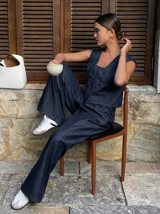 CM-SS655757 Women Casual Seoul Style Dark Wash Square Neck Sleeveless Vest With Long Denim Pants - Set
