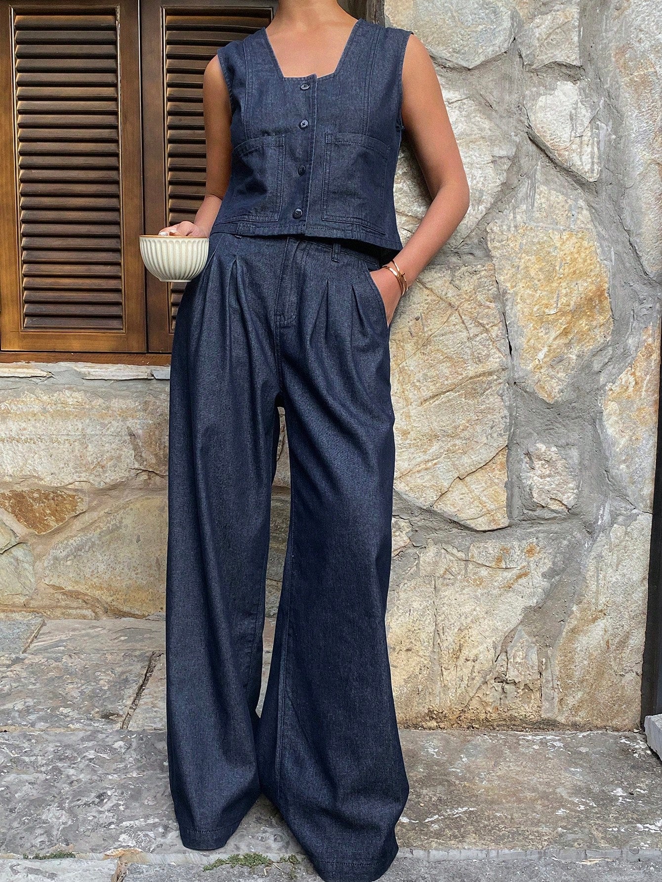 CM-SS655757 Women Casual Seoul Style Dark Wash Square Neck Sleeveless Vest With Long Denim Pants - Set
