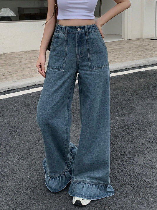 CM-BS662822 Women Casual Seoul Style Medium Wash Elastic Waist Lace Hem Slim Fit Jeans