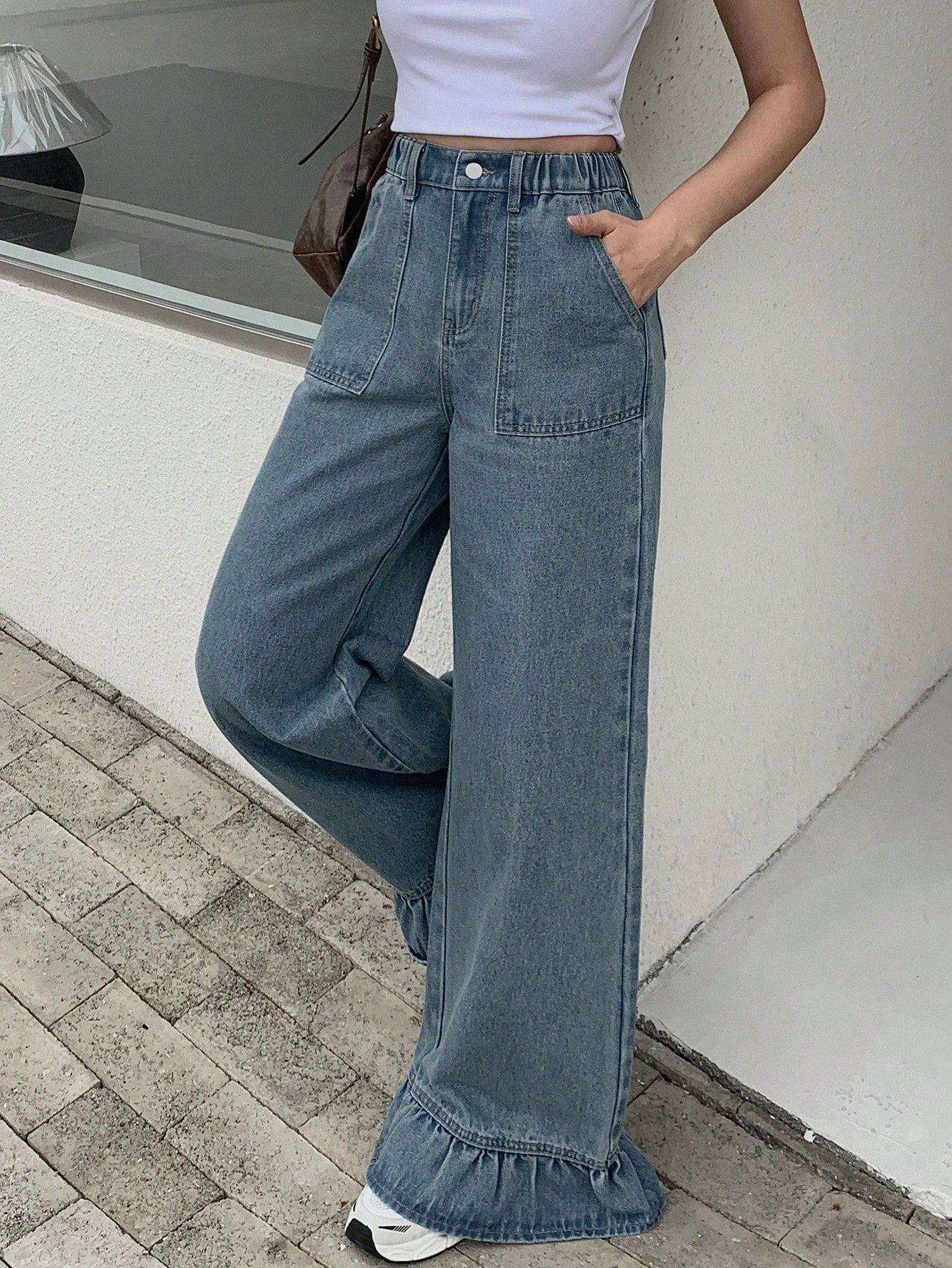 CM-BS662822 Women Casual Seoul Style Medium Wash Elastic Waist Lace Hem Slim Fit Jeans