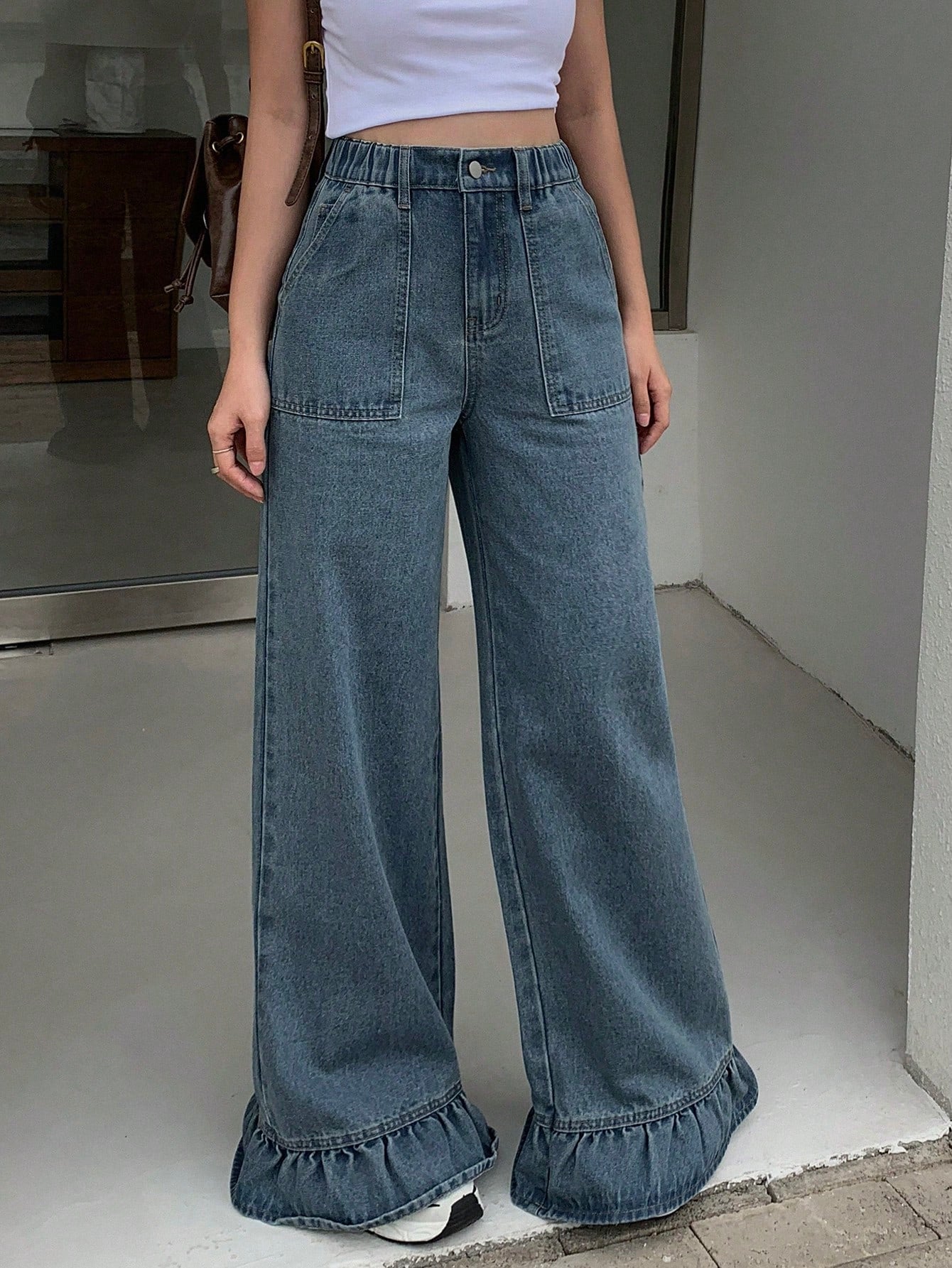 CM-BS662822 Women Casual Seoul Style Medium Wash Elastic Waist Lace Hem Slim Fit Jeans
