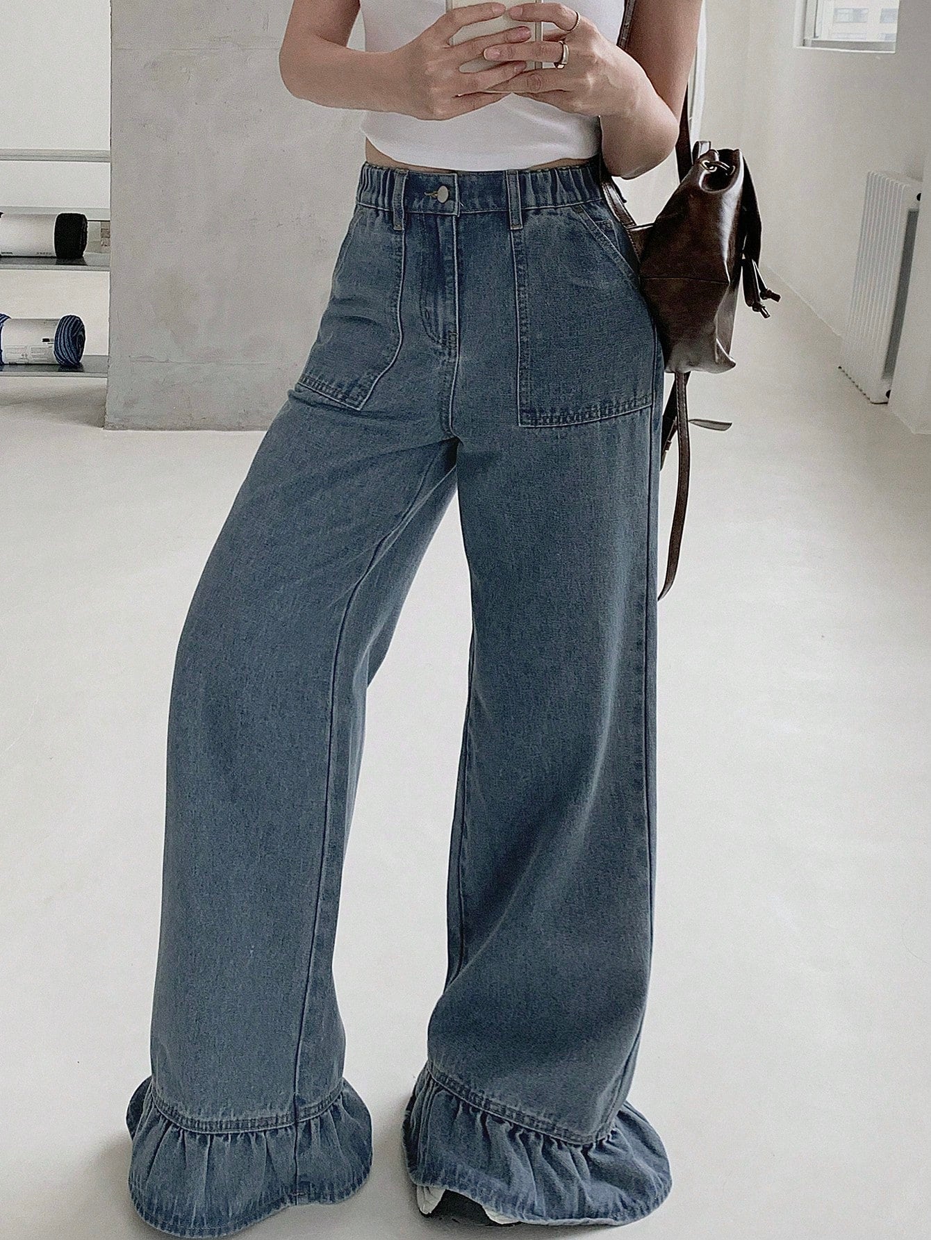 CM-BS662822 Women Casual Seoul Style Medium Wash Elastic Waist Lace Hem Slim Fit Jeans