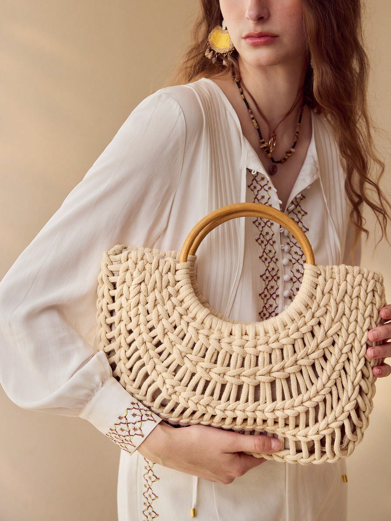 CM-BGS880515 Women Trendy Seoul Style Woven Hollow Out Drawstring Tote Bag - Beige