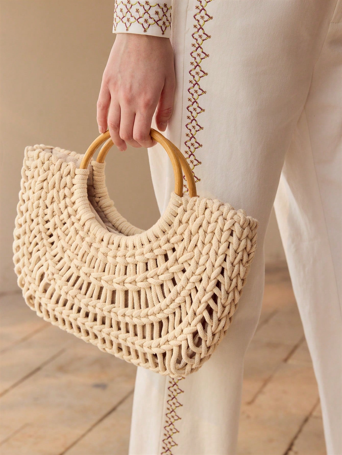 CM-BGS880515 Women Trendy Seoul Style Woven Hollow Out Drawstring Tote Bag - Beige