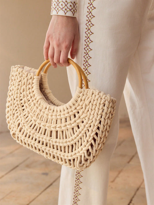 CM-BGS880515 Women Trendy Seoul Style Woven Hollow Out Drawstring Tote Bag - Beige