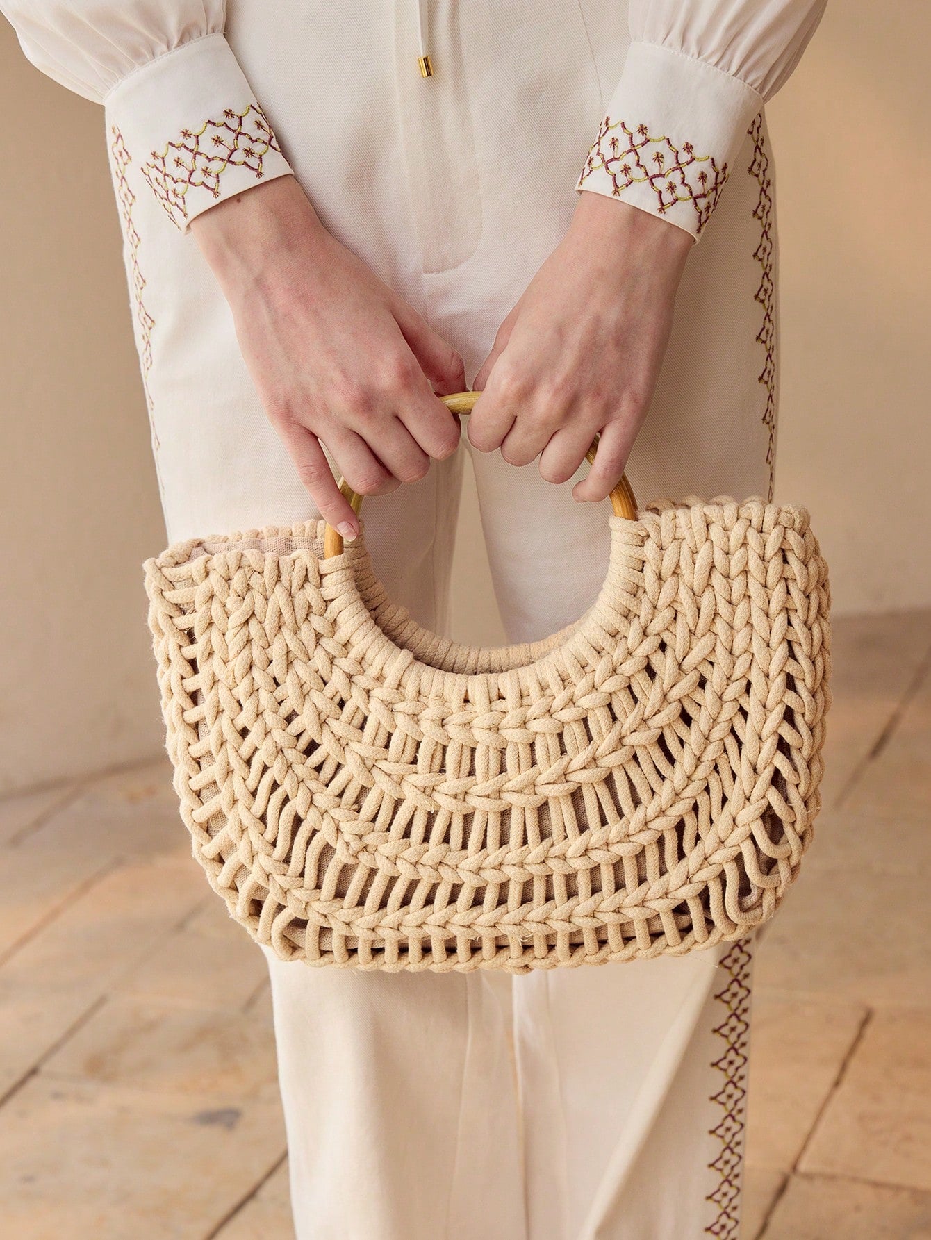 CM-BGS880515 Women Trendy Seoul Style Woven Hollow Out Drawstring Tote Bag - Beige