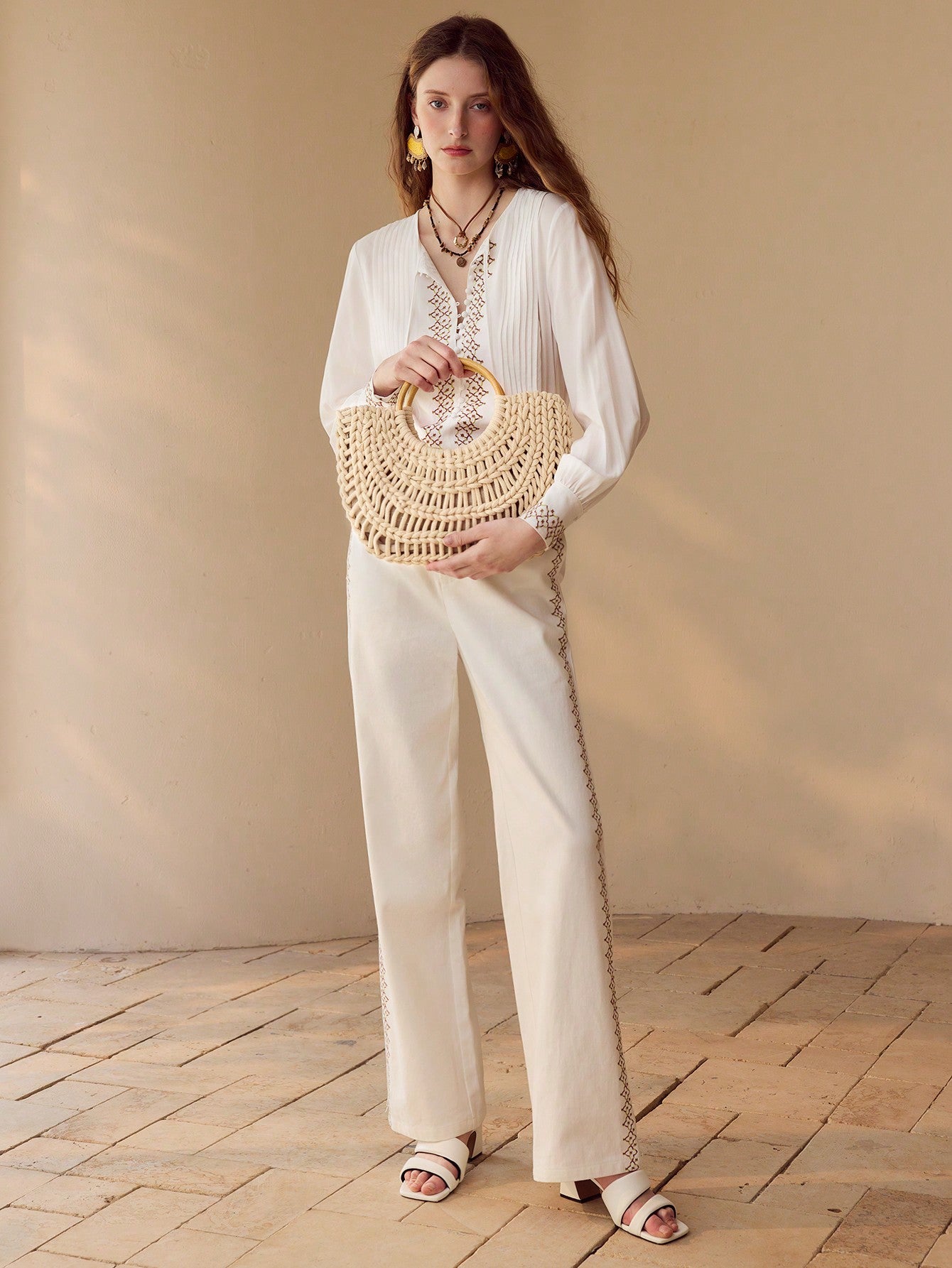 CM-BGS880515 Women Trendy Seoul Style Woven Hollow Out Drawstring Tote Bag - Beige