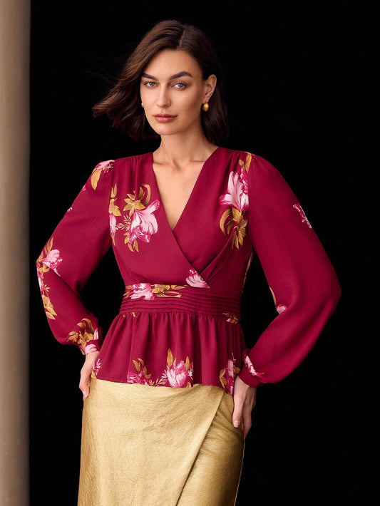 CM-TS772772 Women Elegant Seoul Style Chiffon V-Neck Long Sleeve Floral Print Peplum Blouse - Red