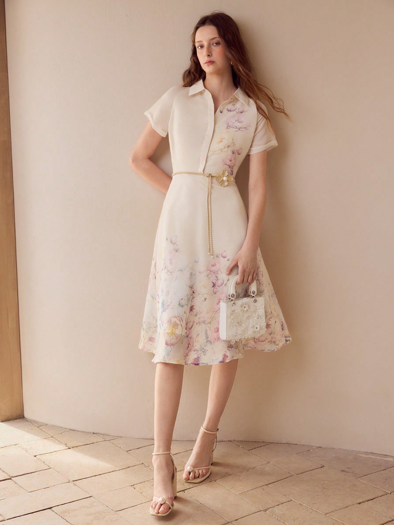 CM-DS360063 Women Elegant Seoul Style Notched Neckline Short Sleeve Organza Floral Print Midi Dress - Apricot