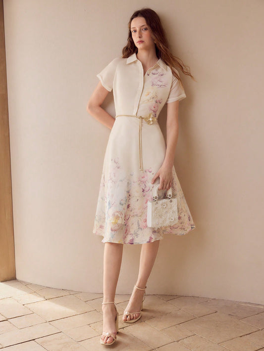 CM-DS360063 Women Elegant Seoul Style Notched Neckline Short Sleeve Organza Floral Print Midi Dress - Apricot