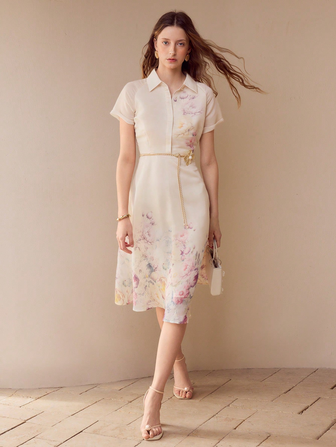CM-DS360063 Women Elegant Seoul Style Notched Neckline Short Sleeve Organza Floral Print Midi Dress - Apricot