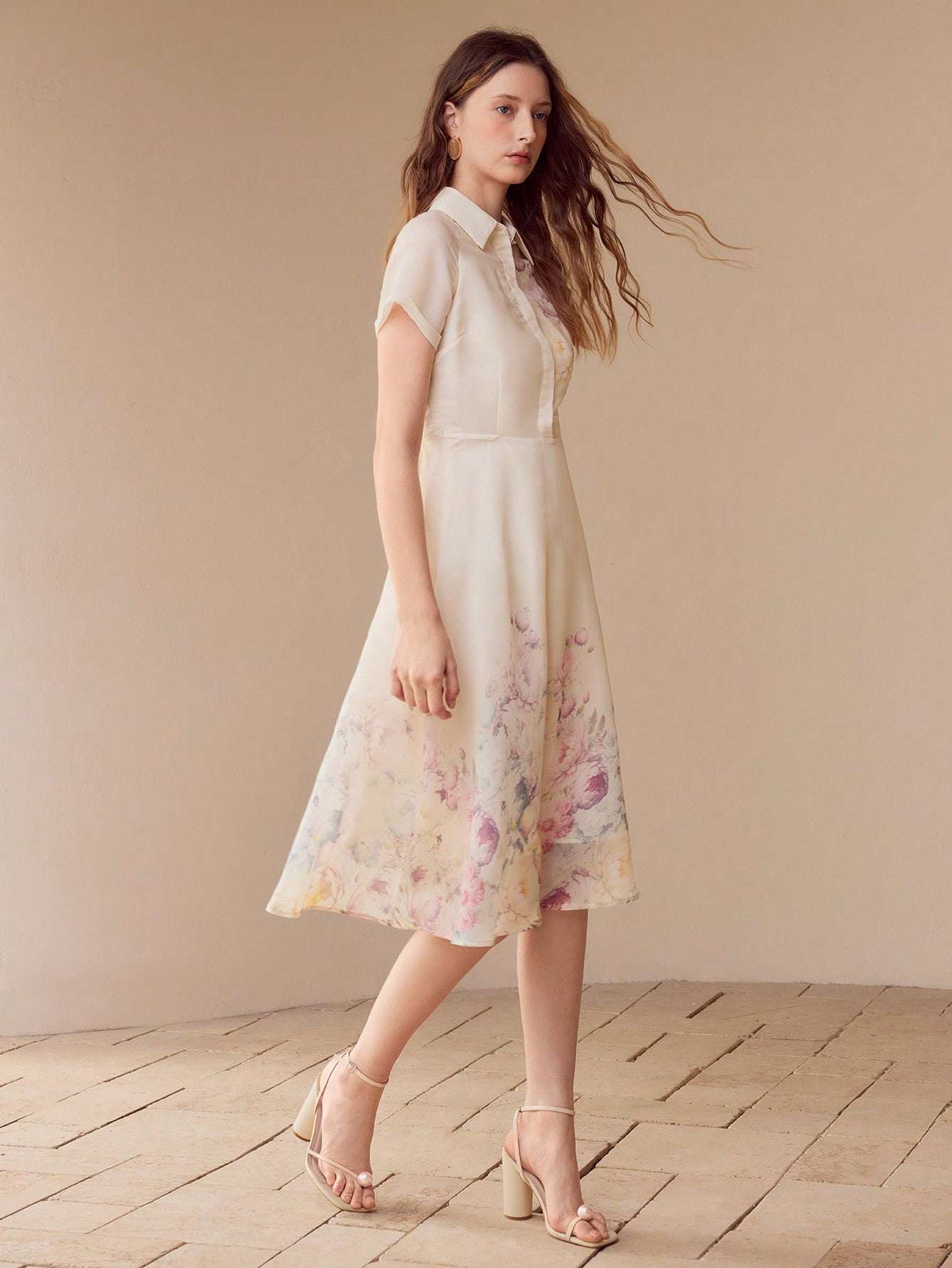 CM-DS360063 Women Elegant Seoul Style Notched Neckline Short Sleeve Organza Floral Print Midi Dress - Apricot