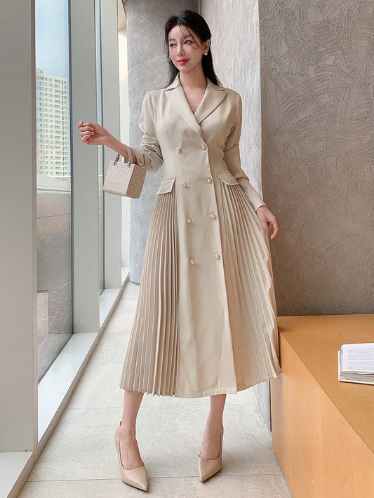 CM-DS880101 Women Elegant Seoul Style Solid Color Patchwork Pleated Mid-Length Dress - Apricot