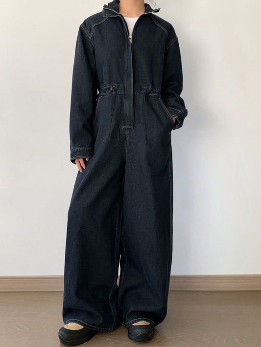 CM-JS803004 Women Casual Seoul Style Dark Wash Collar Neckline Drop Shoulder Drawstring Jumpsuit