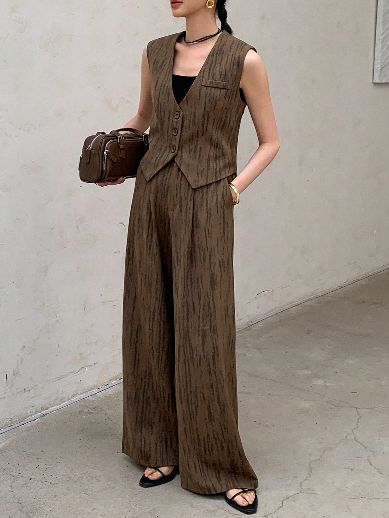 CM-SS121032 Women Casual Seoul Style Deep V-Neck Sleeveless Vest And Long Pants - Set