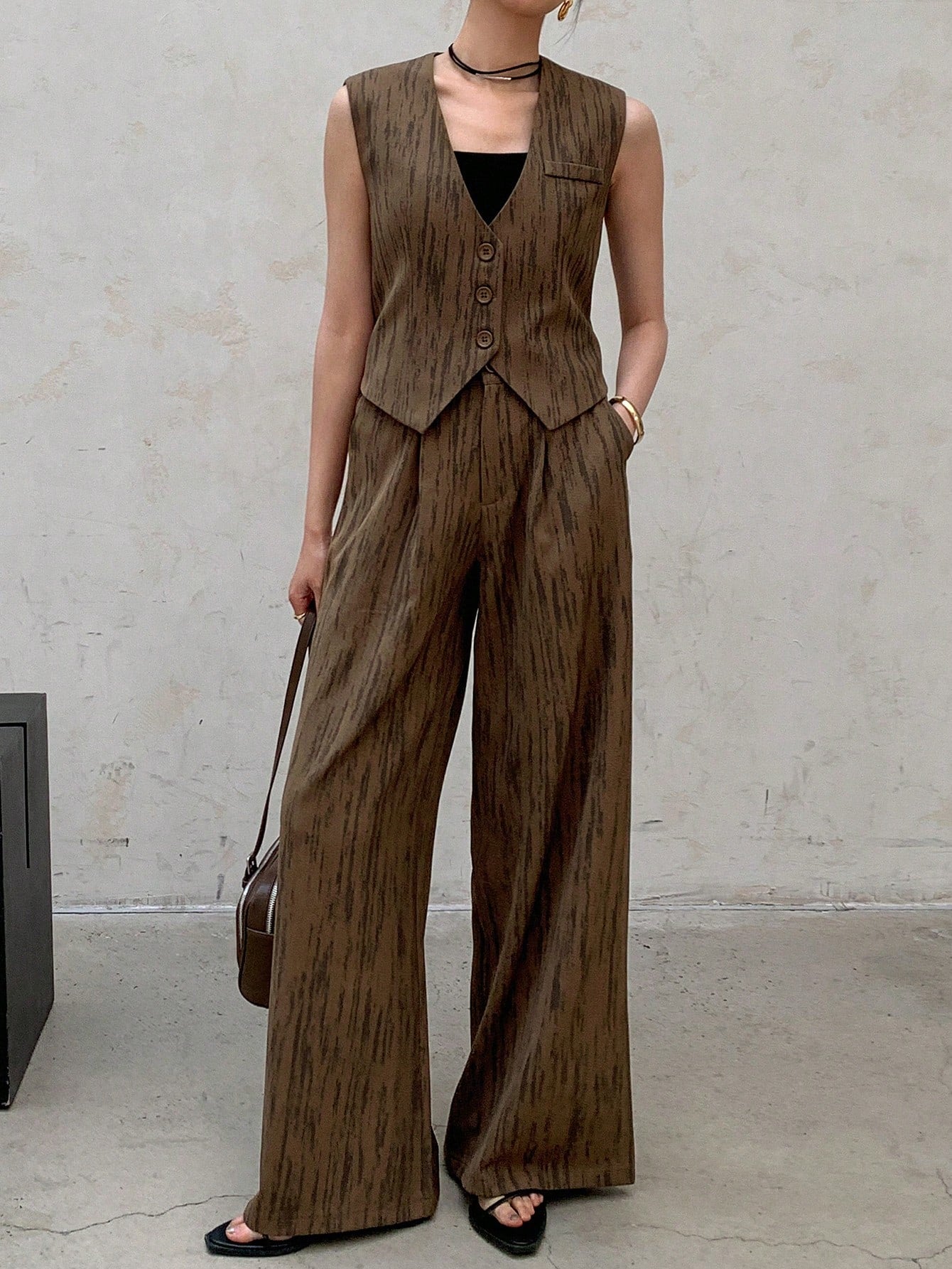 CM-SS121032 Women Casual Seoul Style Deep V-Neck Sleeveless Vest And Long Pants - Set