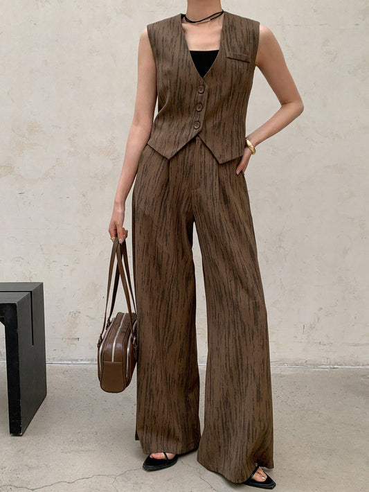 CM-SS121032 Women Casual Seoul Style Deep V-Neck Sleeveless Vest And Long Pants - Set