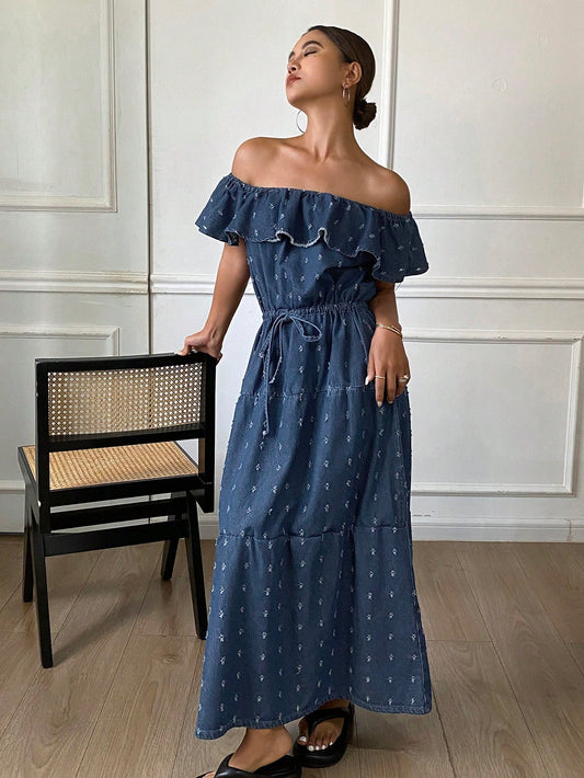 CM-DS186327 Women Casual Seoul Style Off Shoulder Waist Cinched Jacquard Short Sleeve Maxi Denim Dress