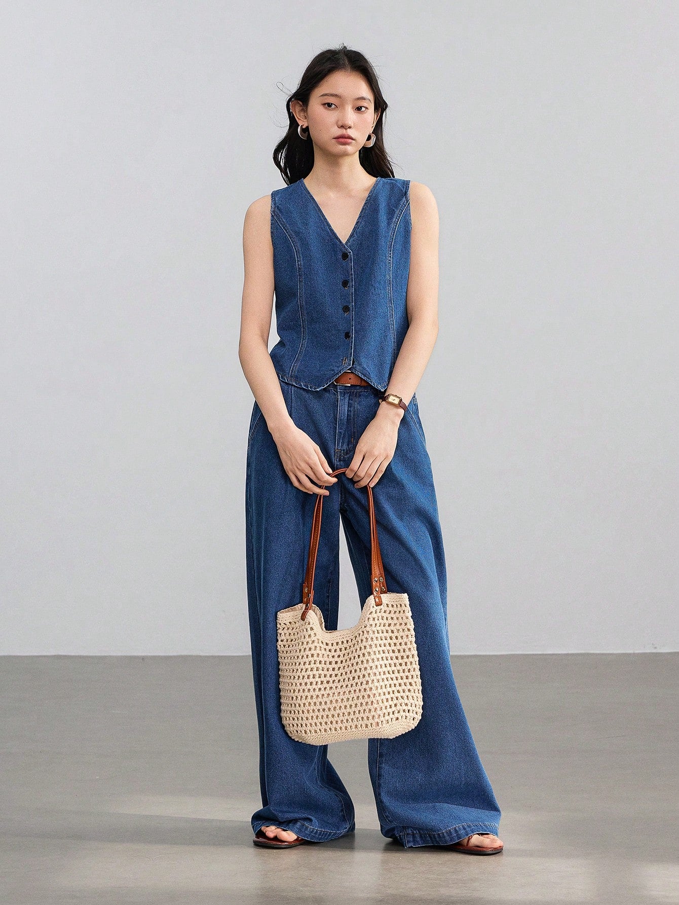 CM-SS391996 Women Casual Seoul Style Medium Wash V-Neck Sleeveless Top With Denim Pants - Set