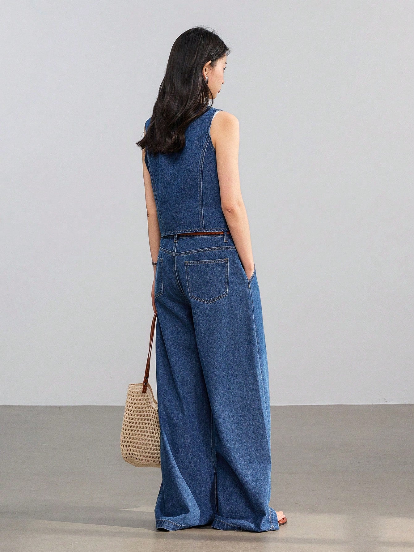 CM-SS391996 Women Casual Seoul Style Medium Wash V-Neck Sleeveless Top With Denim Pants - Set