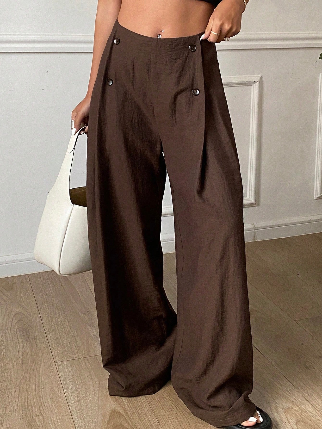 CM-BS845185 Women Casual Seoul Style Loose Solid Color Pleated Wide Leg Casual Pants - Brown