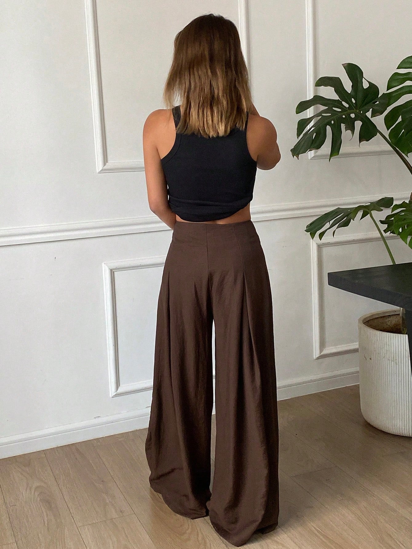 CM-BS845185 Women Casual Seoul Style Loose Solid Color Pleated Wide Leg Casual Pants - Brown