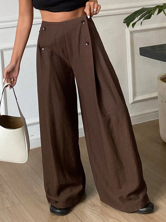 CM-BS845185 Women Casual Seoul Style Loose Solid Color Pleated Wide Leg Casual Pants - Brown