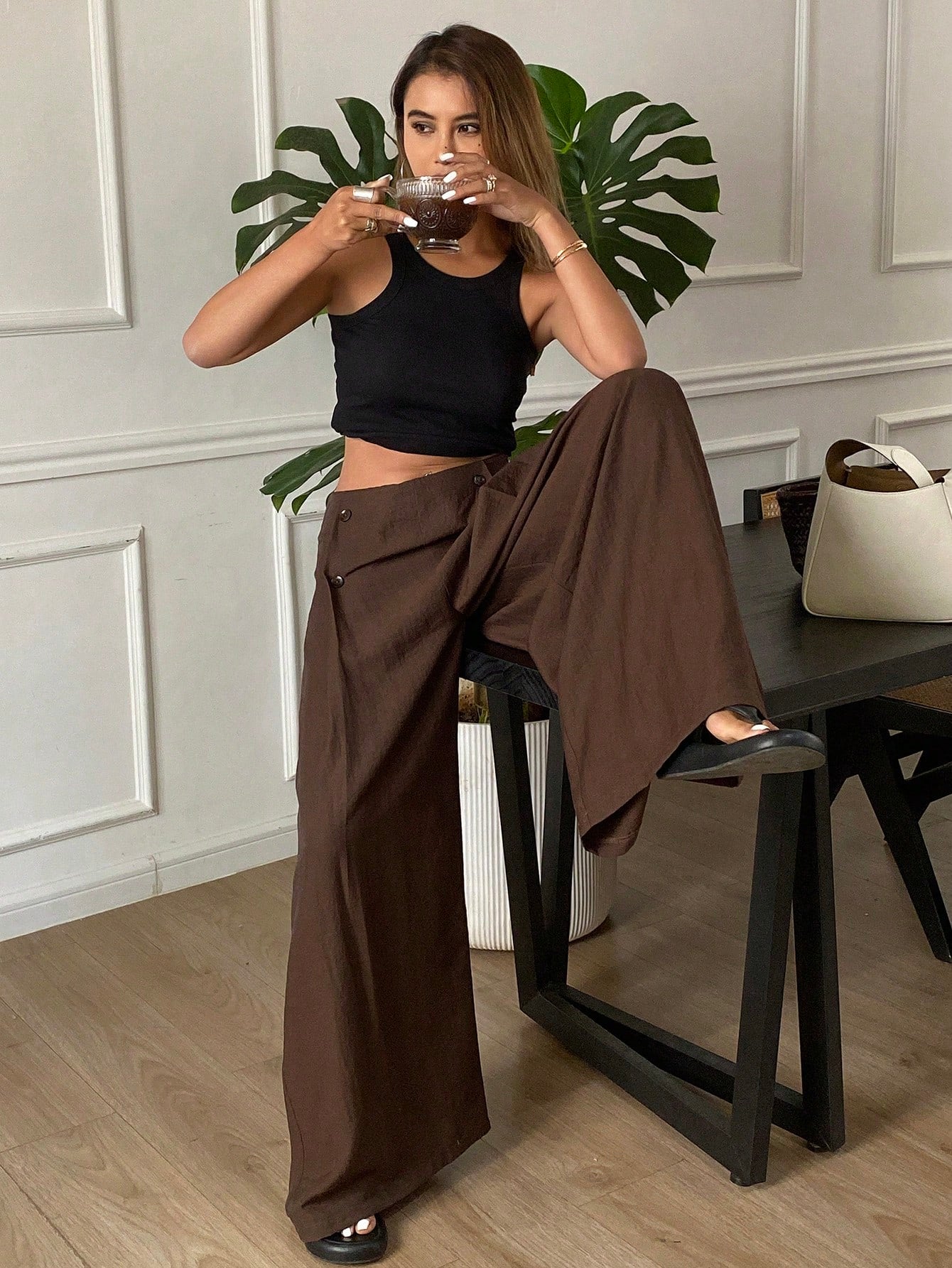 CM-BS845185 Women Casual Seoul Style Loose Solid Color Pleated Wide Leg Casual Pants - Brown