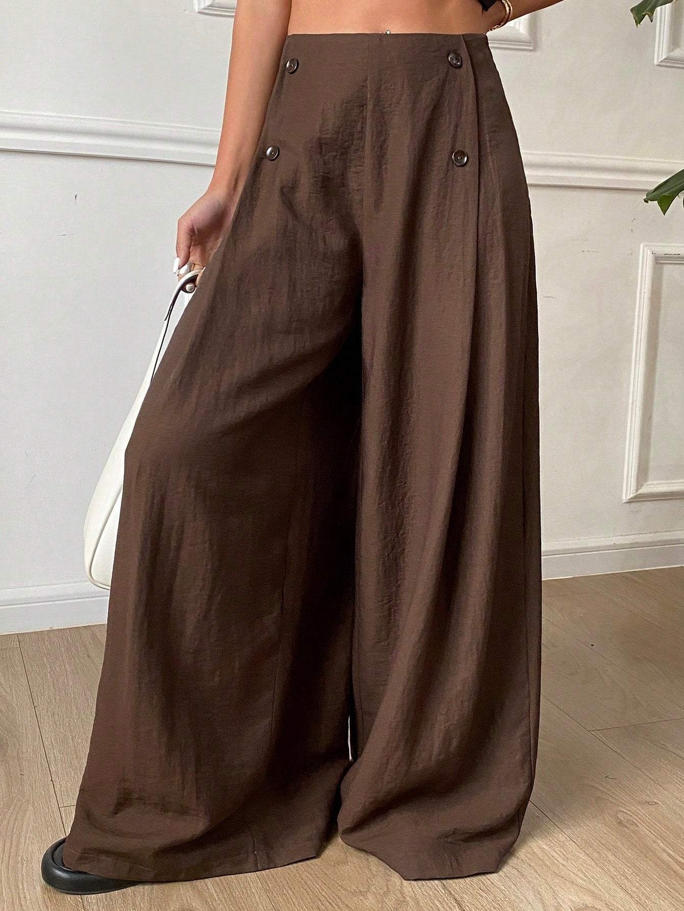 CM-BS845185 Women Casual Seoul Style Loose Solid Color Pleated Wide Leg Casual Pants - Brown