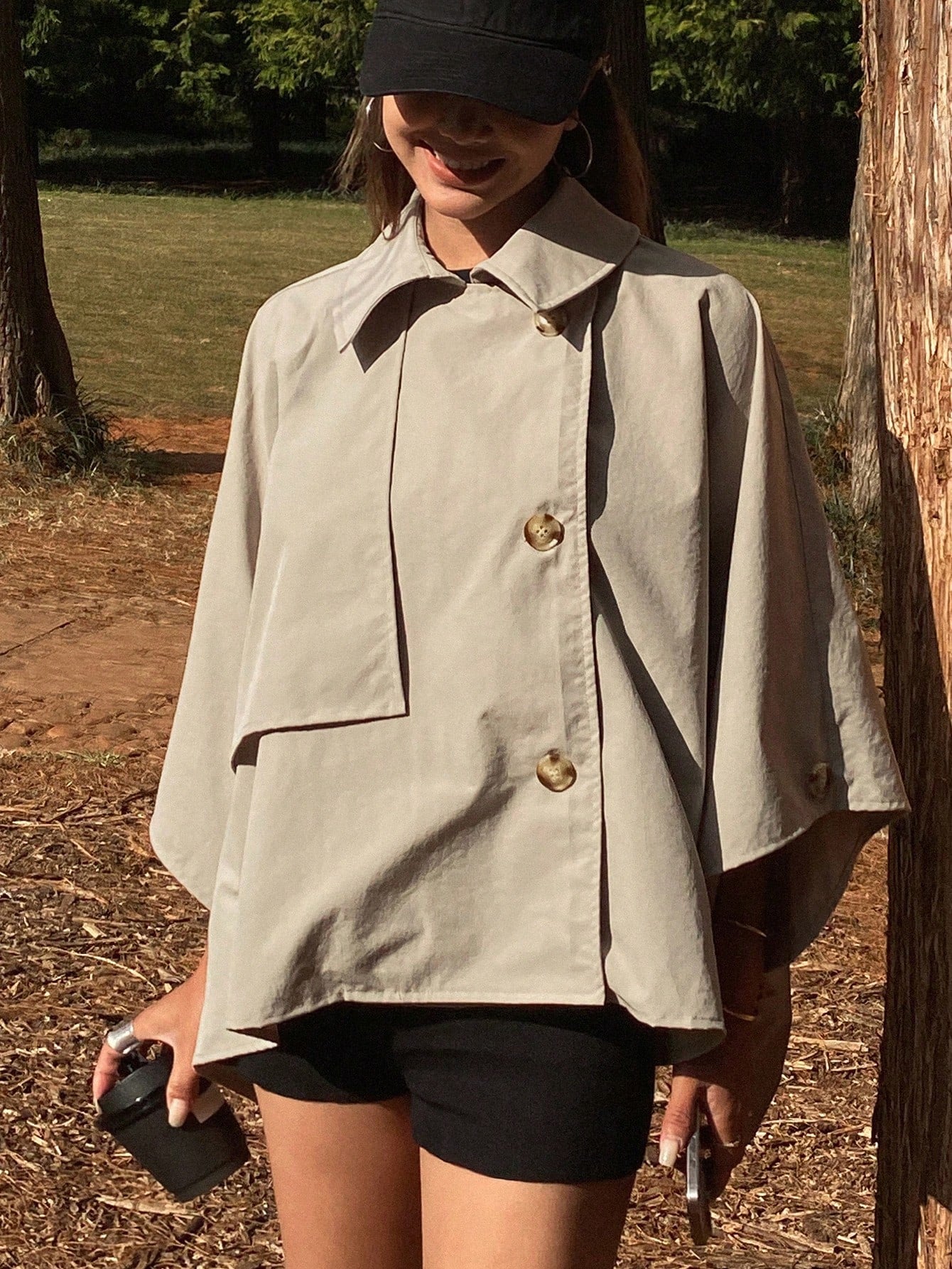 CM-CS601942 Women Casual Seoul Style Solid Color Loose Turndown Collar Bomber Jacket - Khaki