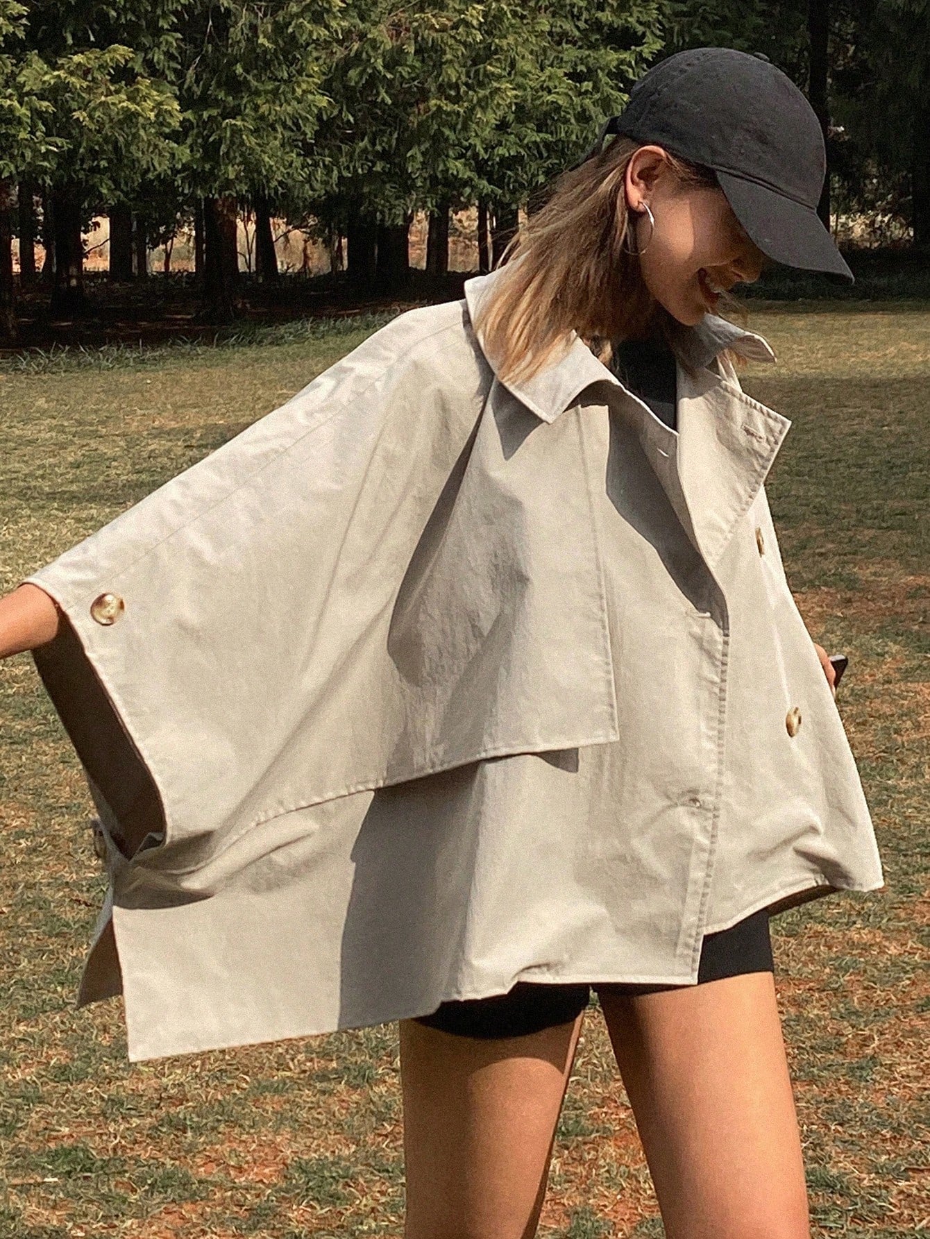 CM-CS601942 Women Casual Seoul Style Solid Color Loose Turndown Collar Bomber Jacket - Khaki