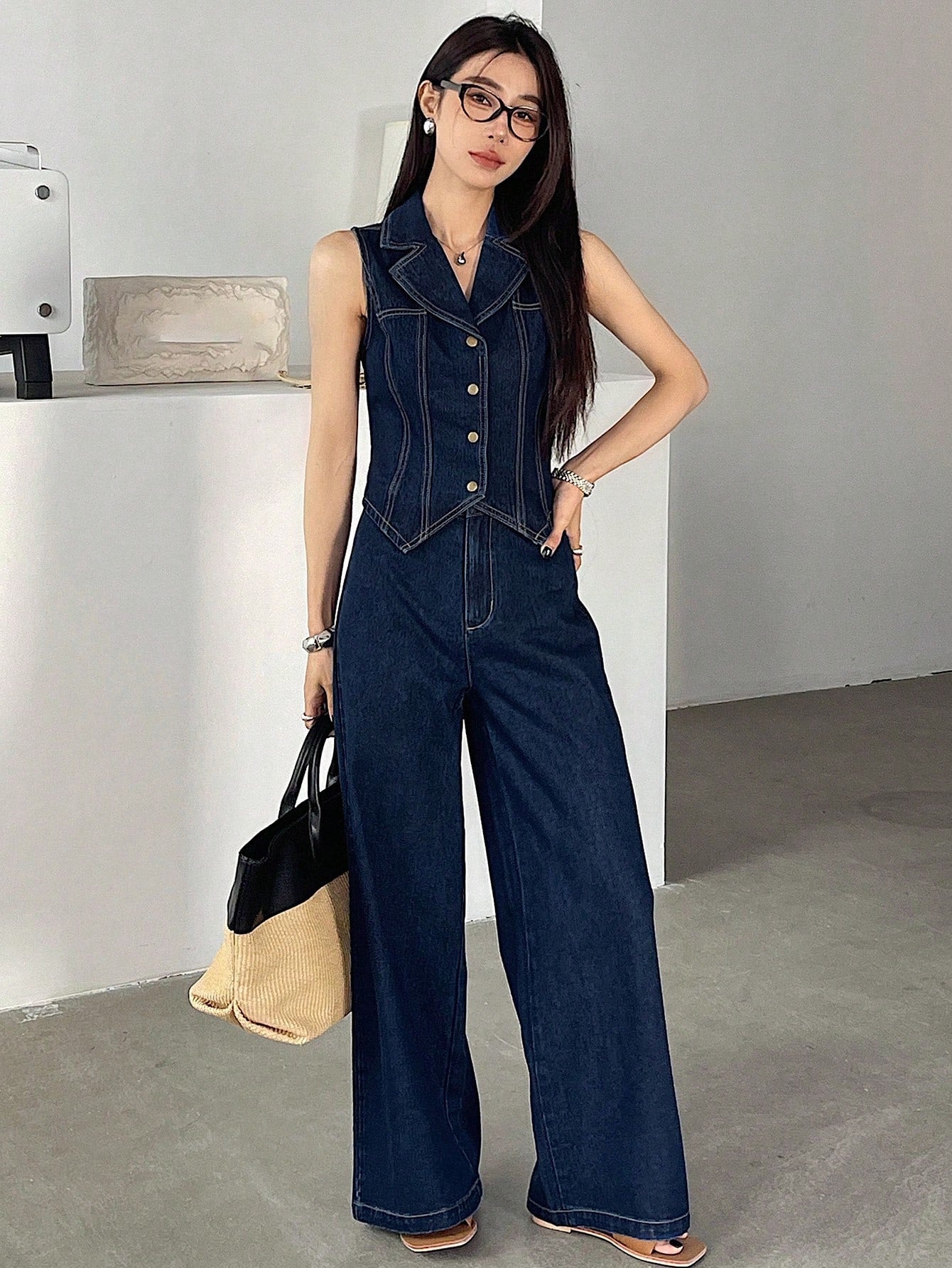 CM-SS121309 Women Elegant Seoul Style Dark Wash Sleeveless Open Front Denim Waistcoat With Wide Leg Pants - Set