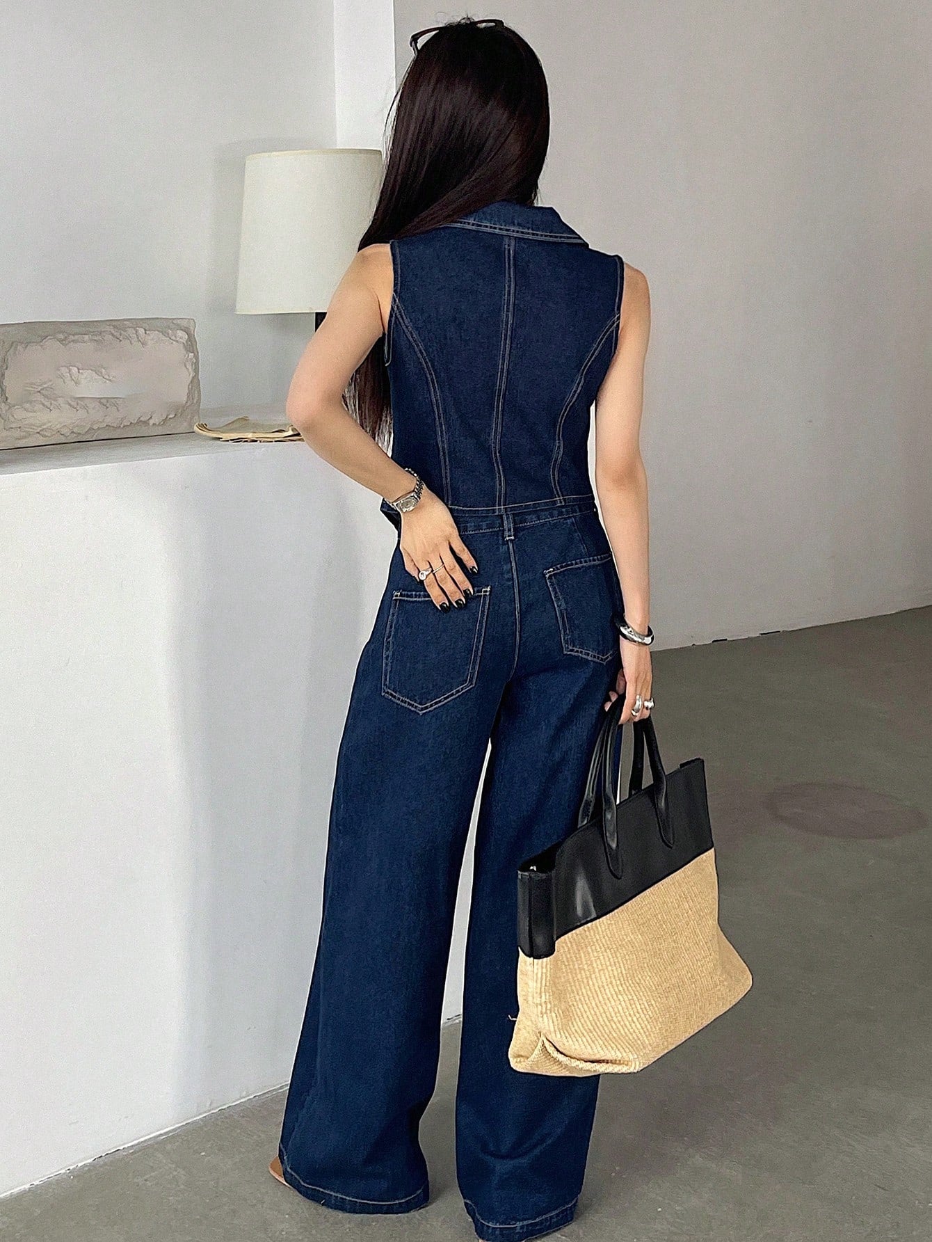 CM-SS121309 Women Elegant Seoul Style Dark Wash Sleeveless Open Front Denim Waistcoat With Wide Leg Pants - Set