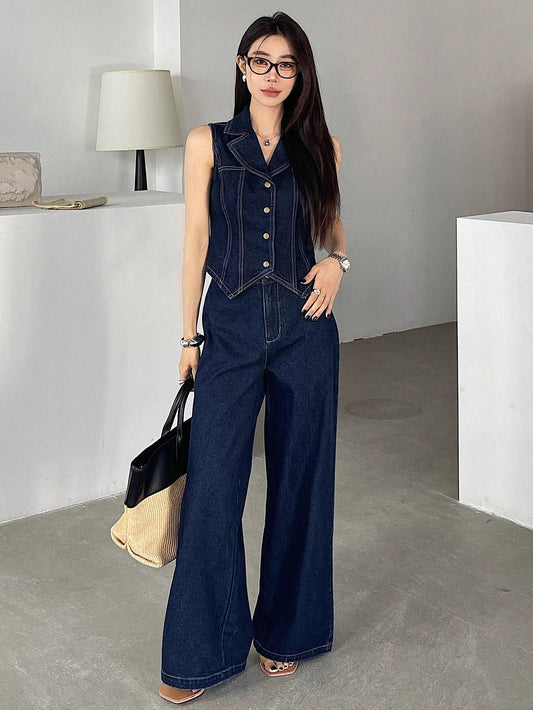CM-SS121309 Women Elegant Seoul Style Dark Wash Sleeveless Open Front Denim Waistcoat With Wide Leg Pants - Set