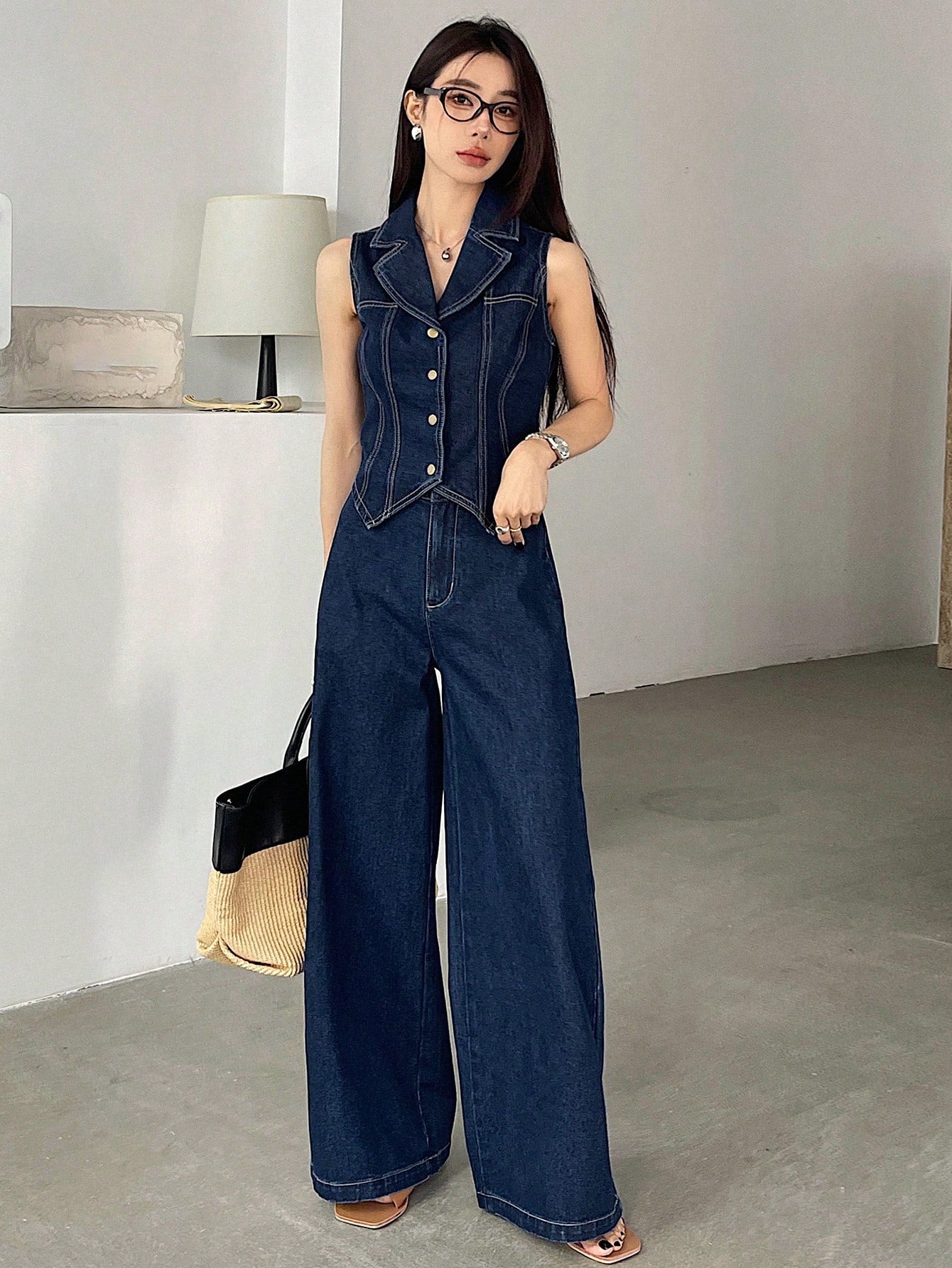 CM-SS121309 Women Elegant Seoul Style Dark Wash Sleeveless Open Front Denim Waistcoat With Wide Leg Pants - Set