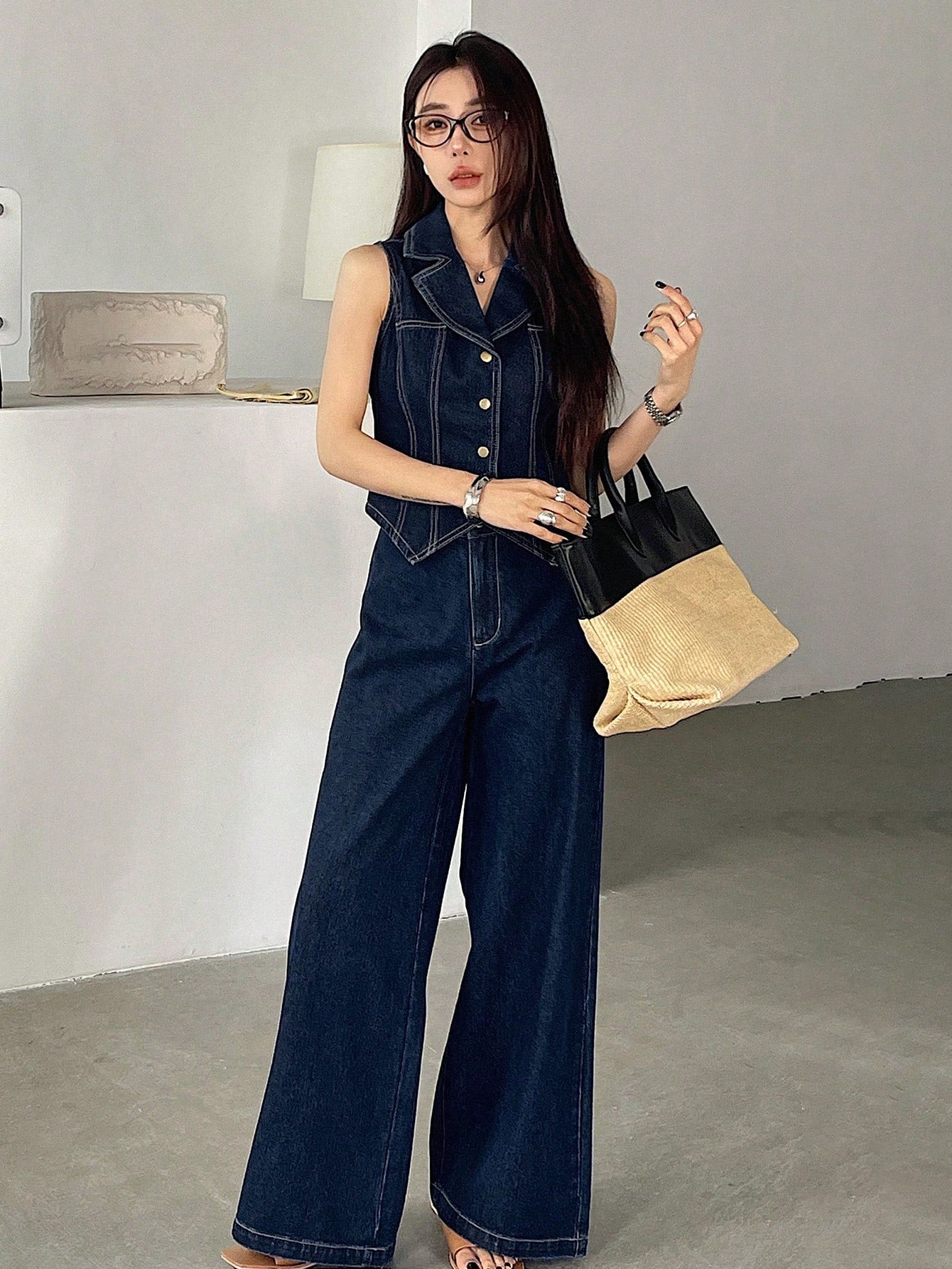 CM-SS121309 Women Elegant Seoul Style Dark Wash Sleeveless Open Front Denim Waistcoat With Wide Leg Pants - Set