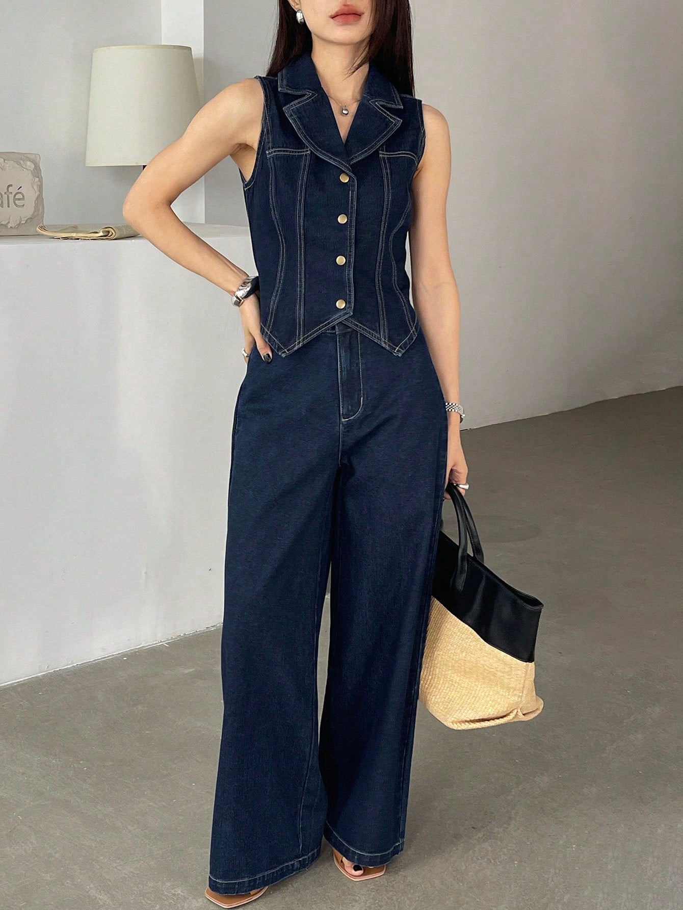 CM-SS121309 Women Elegant Seoul Style Dark Wash Sleeveless Open Front Denim Waistcoat With Wide Leg Pants - Set