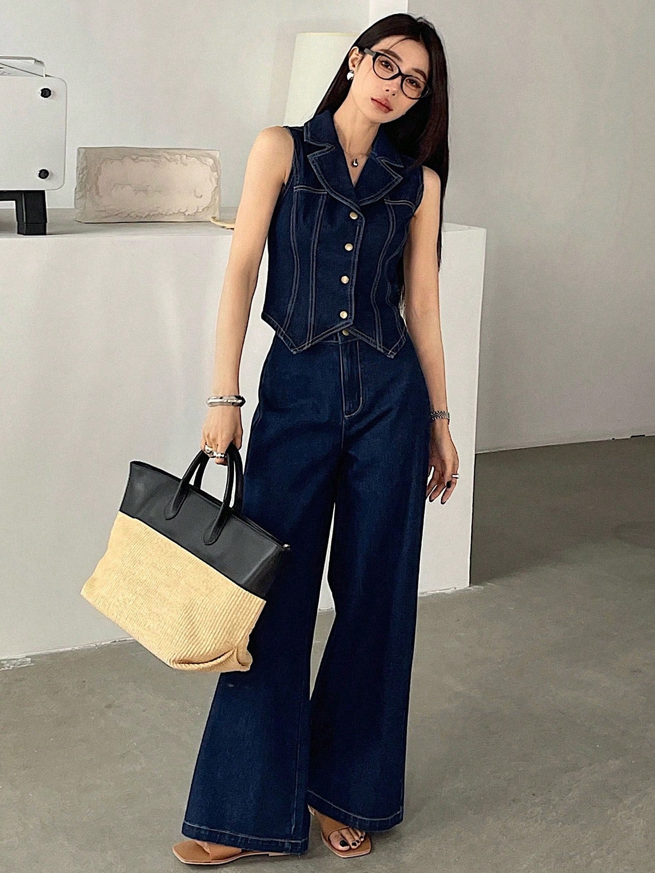 CM-SS121309 Women Elegant Seoul Style Dark Wash Sleeveless Open Front Denim Waistcoat With Wide Leg Pants - Set