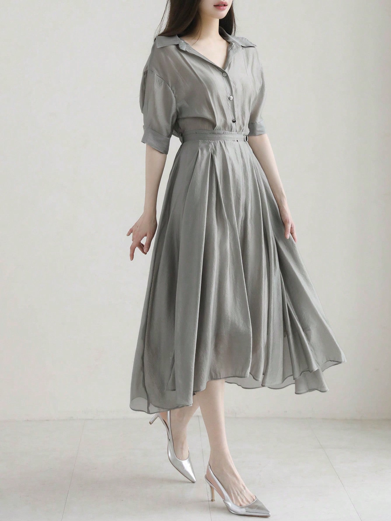 CM-DS673378 Women Casual Seoul Style Turn-Down Collar Fitted Waist Asymmetrical Midi Dress - Gray